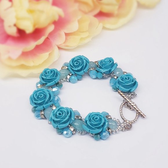 Turquoise Ice & Roses 3pc Jewelry Set,  Sterling Silver w/Glass & Crystal Beads - Picture 6 of 15